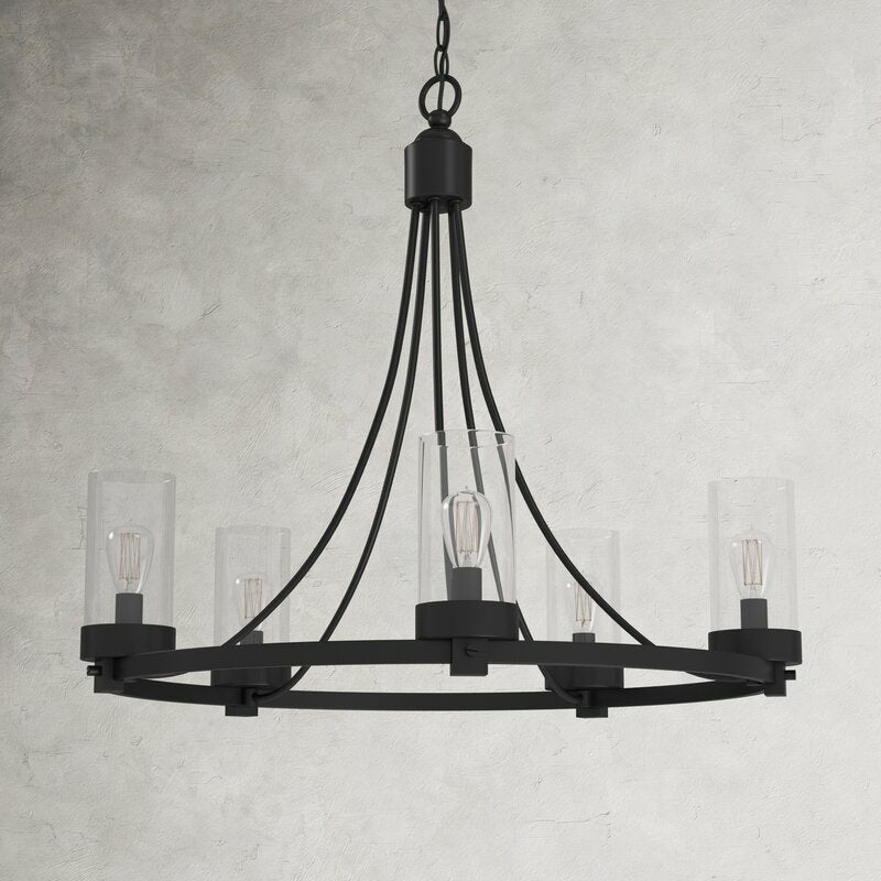 Matte Black/ Chrome Farmhouse Chandeliers 5-Light Wagon Wheel