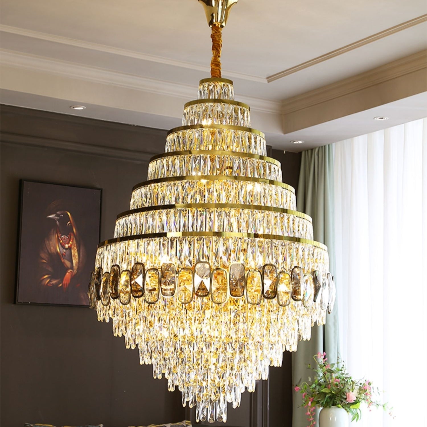 Honeycomb Shaped Ceiling Chandelier Extra Large Crystal Light Fixture For Foyer Staircase/ Entryway In Gold Finish