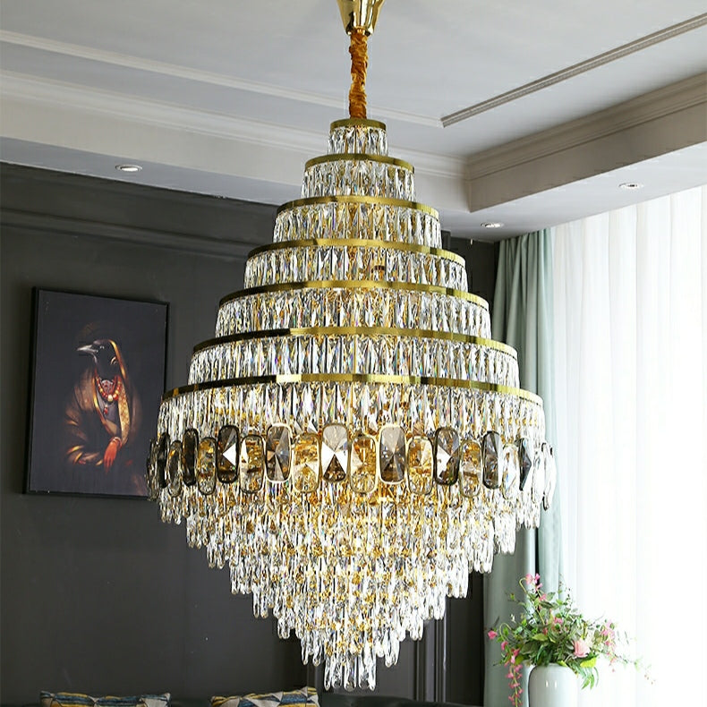 Honeycomb Shaped Ceiling Chandelier Extra Large Crystal Light Fixture For Foyer Staircase/ Entryway In Gold Finish