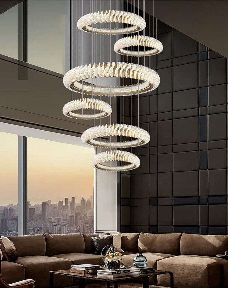 Extra Large Multi-layers Rings Crystal Chandelier Modern Art Waves Creative Pendant Light For High-ciling Foyer/Hallway/Staircase