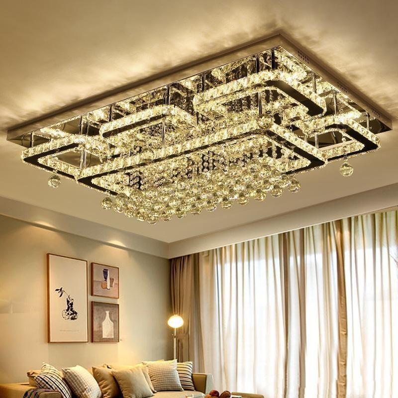 Luxury Rectangular Dimmable Crystal  Flush Mount Chandelier